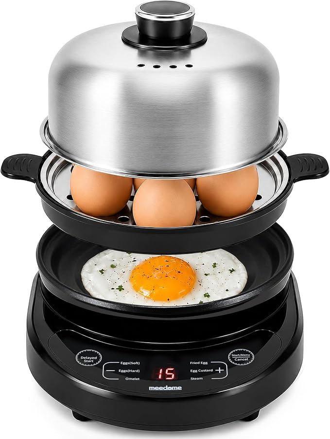 Rapid Egg Cooker, Stainless Steel Electric Egg Steamer for Hard and Soft Boiled Eggs, Fried Egg and Omelet Maker, Auto Shut-Off, Dishwasher-Safe Parts, BPA-Free, Holds 7 Eggs, Black