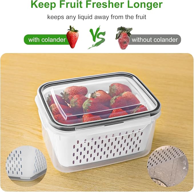 Fruit Storage Containers for Fridge with Removable Colander 8 pcs | Airtight Food Storage Container Dishwasher Safe Produce Saver for Refrigerator Keep Berry Fruit Fresh Longer Small Clear