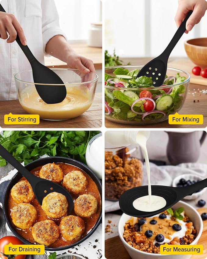 Pack of 2 Silicone Cooking Spoons, Non Stick Solid Kitchen Spoon with Measuring Marks & Back Hooks, Heat Resistant Silicone Slotted Spoon for Cooking, Mixing, Stirring,Serving (BLACK)