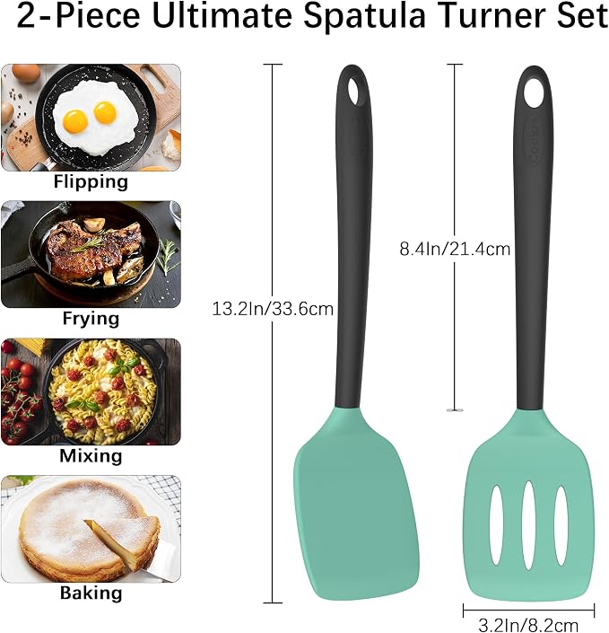 Coukre 2 Pack Silicone Spatula Set,High Heat Resistant, BPA-Free | Dishwasher Safe Kitchen Spatula for Nonstick Pans, Solid & Slotted Turners for Cooking, Sautéing, and Flipping,AquaGreenBlack