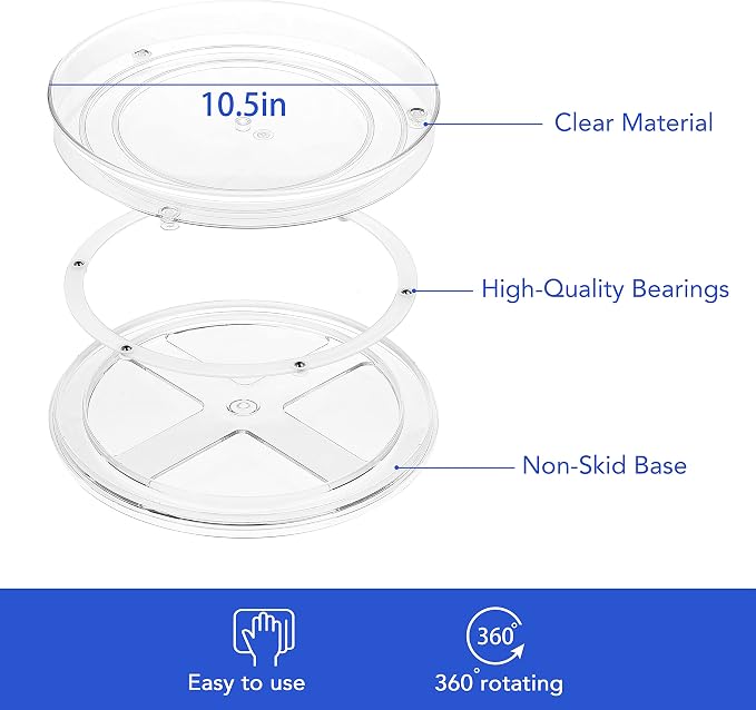 URALFA 2 Pack Lazy Susan Turntable, 10.5 Inch Spinning Cabinet Organizer | Clear Acrylic Rotating Round Lazy Susan, Plastic Spice Rack Storage for Fridge Refrigerator, Pantry, Countertop