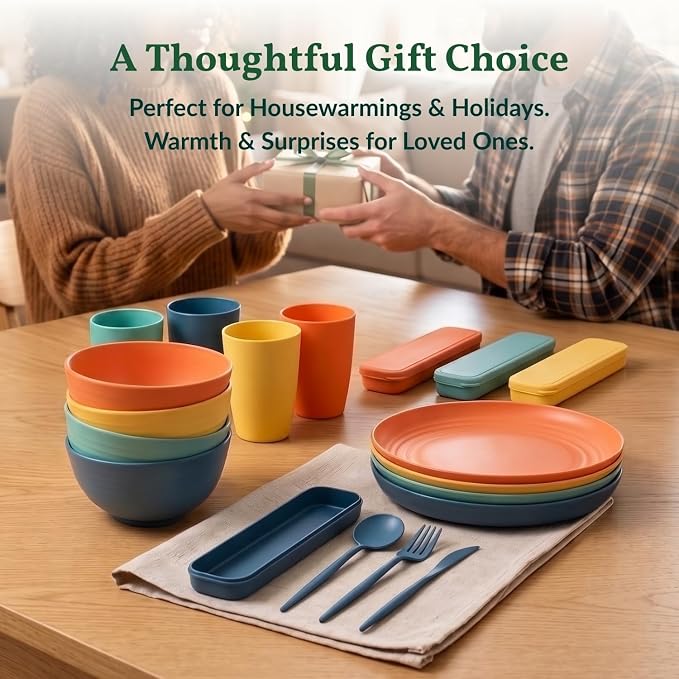 Wheat Straw Dinnerware Sets 28 PCS Lightweight Plates and Bowls Sets Unbreakable Microwave & Dishwasher Safe Dish Set with Utensils Reusable Dishes Set for Kitchen, Camping, RV, Party (Multi)