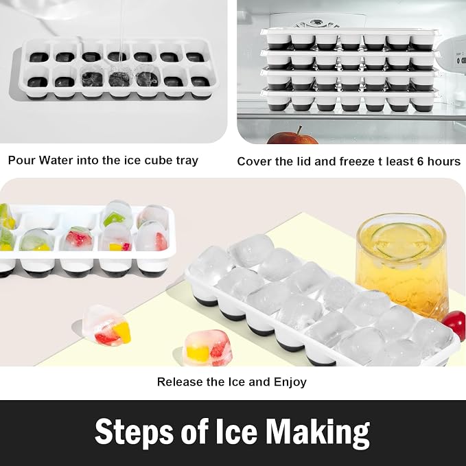 DclobTop Ice Cube Trays for Freezer - 4 Pack Easy to Release Plastic Silicone Ice Tray with Spill-Resistant Lids, Reusable Stackable for Cocktails, Drinks and Coffee, BPA-Free,Black