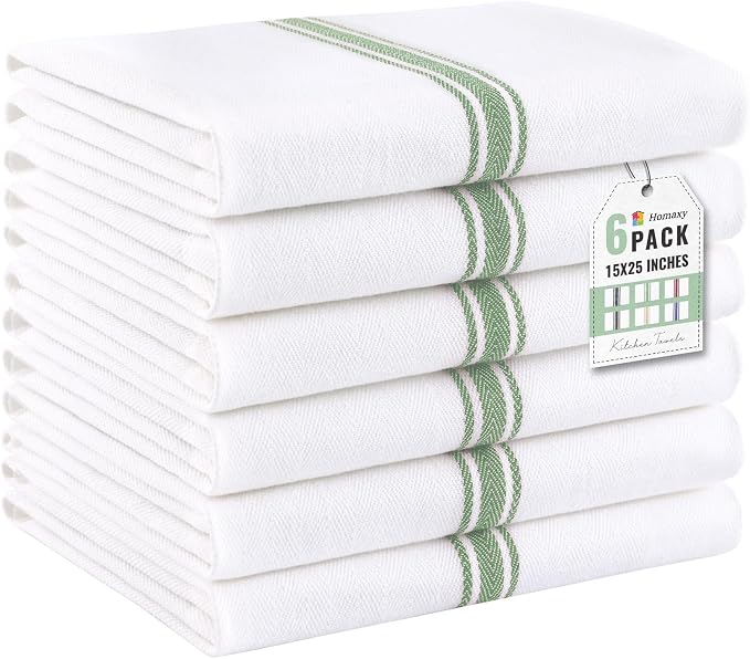 Homaxy 100% Ring Spun Cotton Kitchen Towels 6 Pack, Grass Green Stripe | 15 x 25 Inch, Highly Absorbent Dish Towels for Kitchen Drying, Reusable Cleaning Cloths, Soft Tea Towels with Hanging Loop