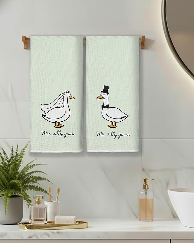 Funny Mr and Mrs Goose Sage Green Kitchen Towels 16x24 Inch, Wedding Gifts for Couples Newlyweds Dish Tea Towels for Kitchen Decor, Just Married Gifts Decorative Hand Towel for Bathroom, Set of 2