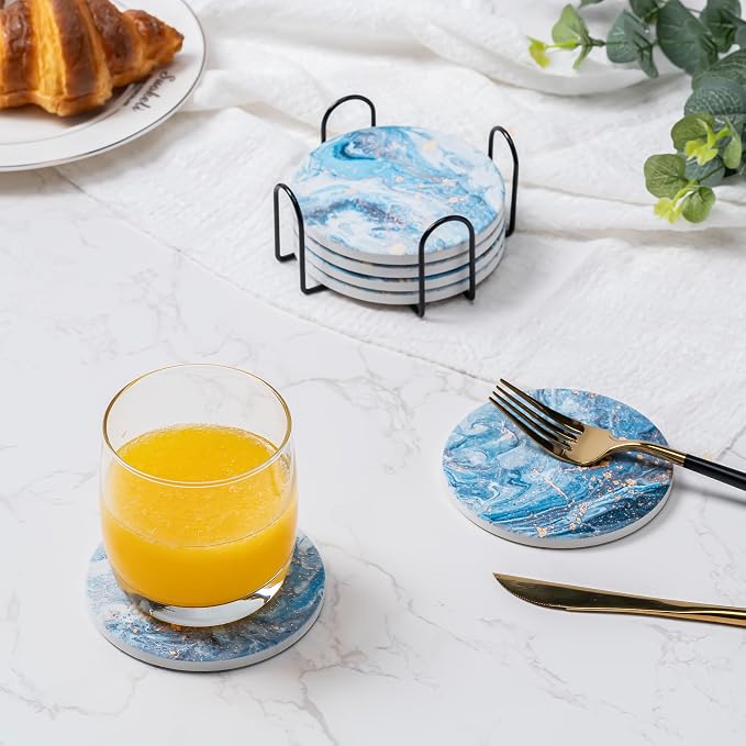6Pcs Absorbent Coasters Set with Holder,Ceramic Drink Coaster,4 in（A9） | Marble Style Ceramic Drink Coaster,Suitable for Kinds of Cups,Modern Style Coaster for Coffee Table
