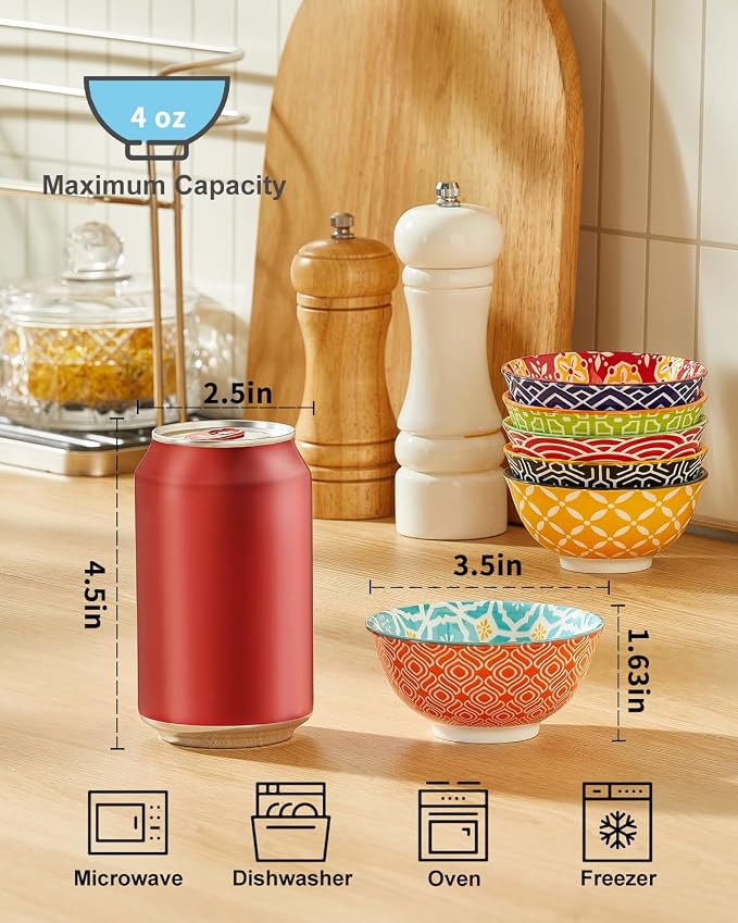 Metahom Ceramic Dipping Bowls, 4 Oz Small Colorful Bowl Set of 6, 3.5 Inch | Little Bowls for Soy Sauce, Salad Dressing, Condiments, Side Dishes, Charcuterie Boards, Microwave & Dishwasher Safe