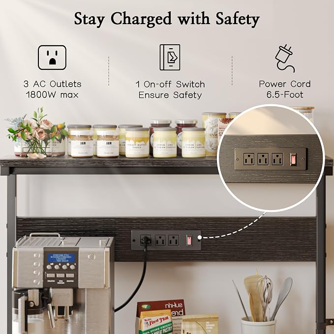 SUPERJARE Bakers Rack with Power Outlets, Microwave Stand, 31.5 X 16.5 Inch Larger Desktop, Kitchen Storage Rack with Adjustable Middle Shelf, 6 S-Shaped Hooks, Coffee Bar Stand, Black