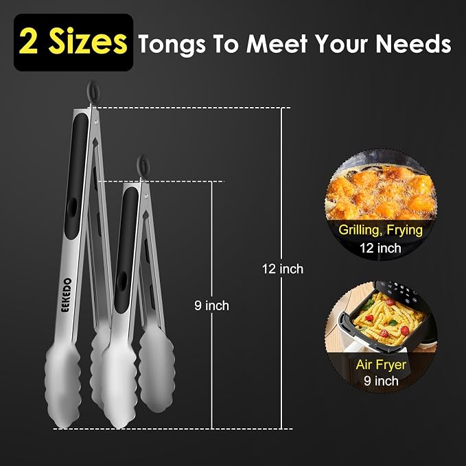 Stainless Steel Cooking Tongs, Heat Resistant Metal Tongs 9" and 12" | Heat Resistant 600 Degrees Kitchen Tongs with Silicone Grip for BBQ, Grilling, Serving, Salad, Dishwasher Safe, Locking