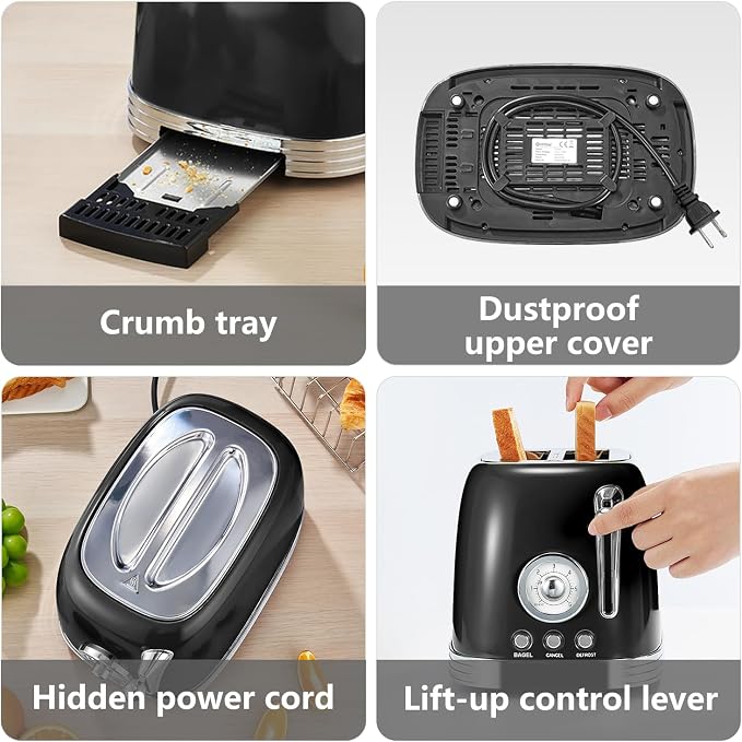 Wiltal Retro Toaster 2 Slice, 1.58" Extra Wide Slot Stainless Steel with Dust Cover and Warming Rack, Glossy Black Finish with Defrost/Reheat/Cancel Functions, Removable Crumb Tray