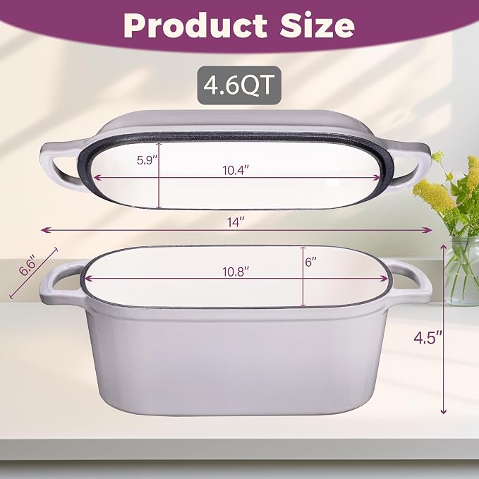 4.6-Quart Oval Dutch Oven for Bread Baking | 2 in 1 Cast Iron Bread Pan with Lid, Sourdough Baking Pan for a Crispy Crust, Oyster Grey