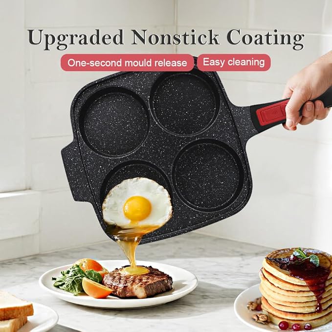 RANX INGST 10 inch Large Egg Pan with Lid, Nonstick 4-Cup Pancake Pan,Black | Omelette Skillet with Detachable Handle Induction Compatible