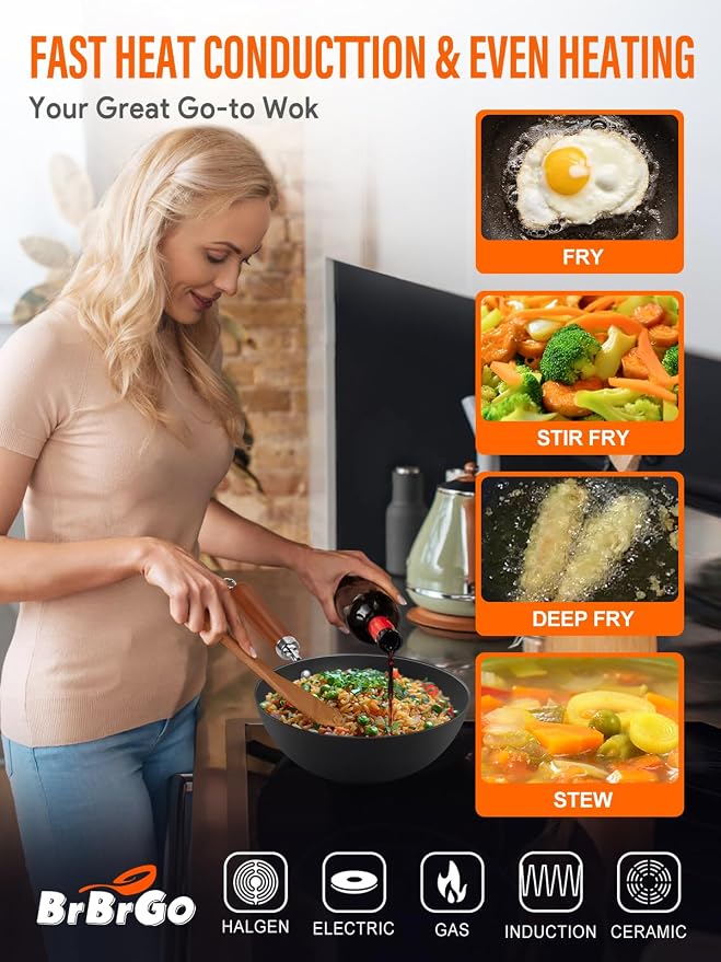Carbon Steel Wok Pan, Flat Bottom Small Wok | Authentic Chinese Stir-Fry Pans Set with Glass Lid, 1.65lb Lightweight, Small Wok for 1-2 Servings. Wok with Lid