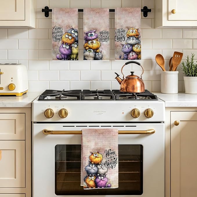 Jztco 4 Pcs Funny Cat Kitchen Towels, Cute Cat Gifts Reusable Hand Towels | Cat Dish Cloths for Drying Dishes, Cats Waffle Dish Towels for Kitchen Bathroom Decor, Cat Lover Gifts for Women Grandma Mom