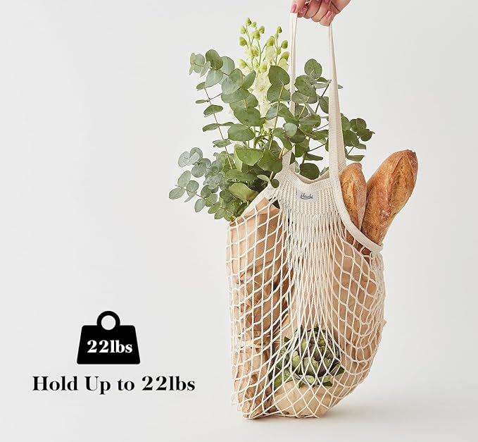 Lemonfilter 5 Pack Cotton Mesh Grocery Bags with Long Handle (4 Color) | Reusable Washable Mesh Produce Bags, Foldable Long Handle Eco Net Tote for Fruit, Vegetables and Farmers Market Shopping
