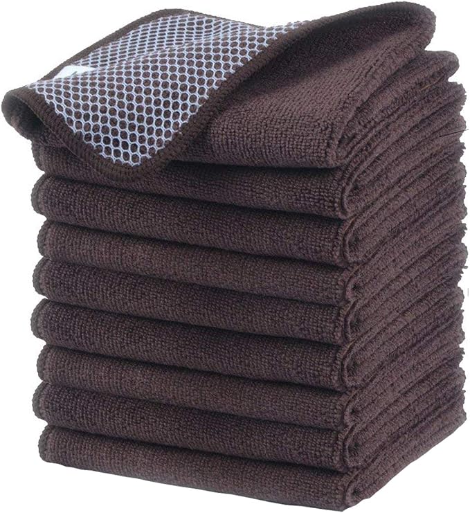 Dish Cloths for Washing Dishes with Scrub Side, Microfiber Dish Rags | Dual-sided microfiber dish cloths with scrubber for stuck-on food, quick dry kitchen washcloths 9 Pack, 12" x 12 Inch Brown