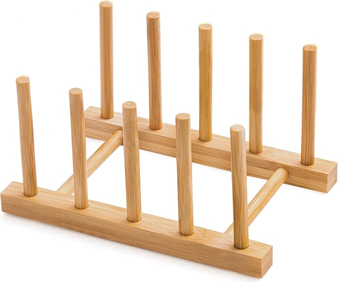 Bamboo Dish Drying Rack for Kitchen Counter & Cabinet (4 Slots) | Detachable Dish/Book/Plate/Bowl/Cup/Cutting Board/Pot Lid Organizer for Kitchen, Living Room, Study, Display Cabinet
