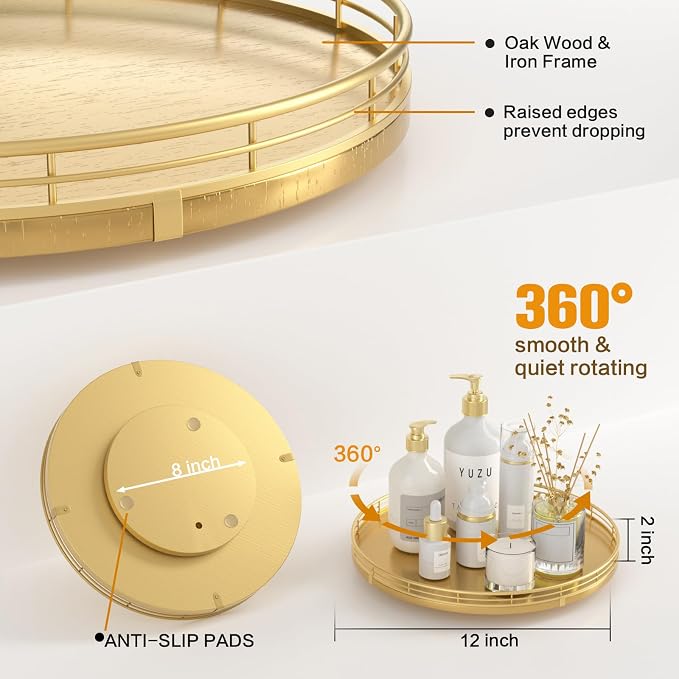 Oroyutor 12-Inch Oak Lazy Susan Decorative Tray with Gold Metal Rail | Rotating oak tray organizes spices, toiletries and decor on kitchen counters, bathroom vanities, dining and coffee tables.