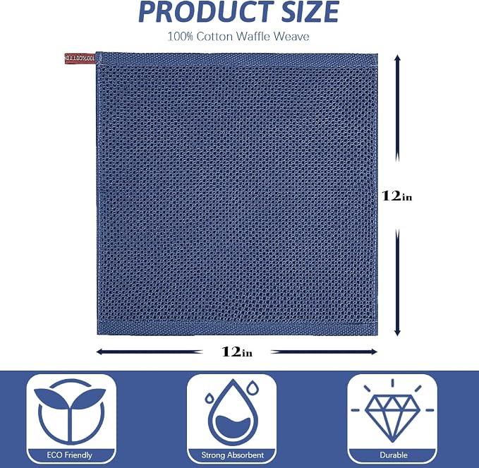 Nialnant 100% Cotton Waffle Weave Dish Cloths,4 Pack Super Absorbent Dish Towels for Washing Dishes,Cleaning Rags-Navy Blue,12x12
