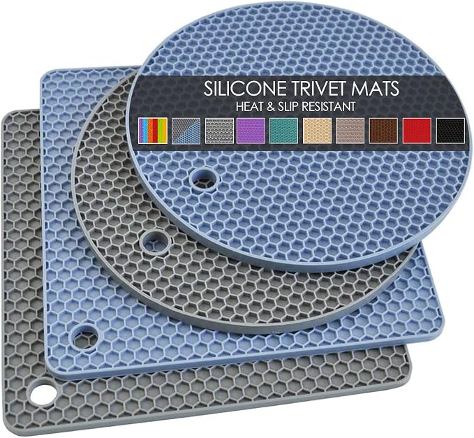 Trivets for Hot Dishes, 4 Pack Silicone Hot Pads for Kitchen, Non-Slip Heat Resistant Silicone Mat for Countertops, Spoon Rest, Multipurpose Food Grade Thick Trivet(Gray& Blue) Pot Holders