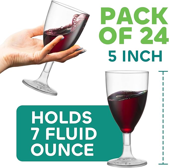 7 Oz Clear Disposable Plastic Wine Glasses (24-Pack) BPA-Free Stemmed Cups | Reusable Party Wine Cups for Outdoor Parties, Weddings, Toasts, Drinks, Catering, Receptions, Celebrations & Special Events