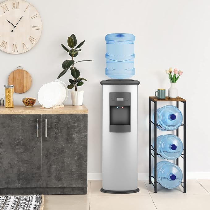 5 Gallon Water Jug Holder 3-Tiers Water Dispenser Stand Rack, Water Bottle Organizer with Storage Shelves for Kitchen Living Room Office, Rustic Brown