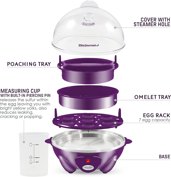 Elite Gourmet EGC700P Rapid Egg Cooker, 7-Egg, BPA-Free, Eggplant