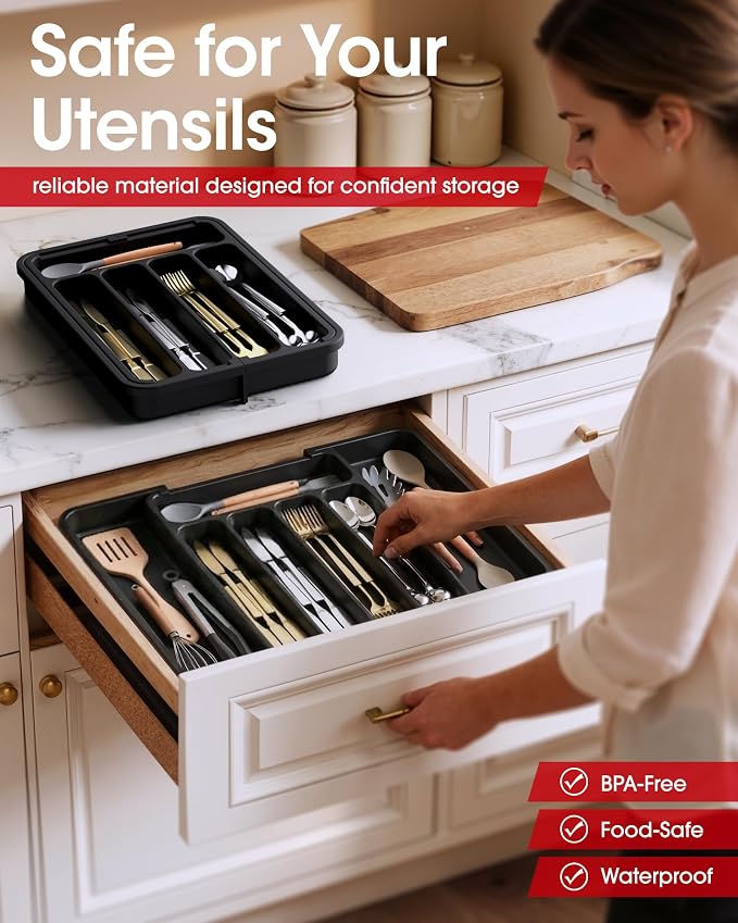 Aujen Silverware Drawer Organizer, Adjustable Utensil Cutlery Tray | Expandable Kitchen Organizer for Forks Knives, Multipurpose Kitchen Storage, Apartment Essentials, Black, Medium