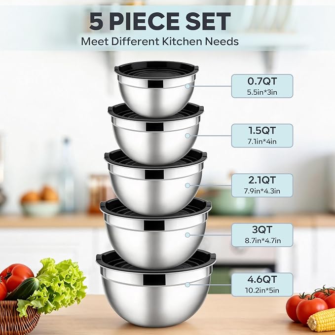 E-far Mixing Bowls with Lids Set, Stainless Steel Cooking Salad Bowl, Black | 10-Piece Metal Nesting Bowls with Airtight Lid for Kitchen Storage, Baking & Prepping, Dishwasher Safe, 0.7/1.5/2.1/3/4.6 QT
