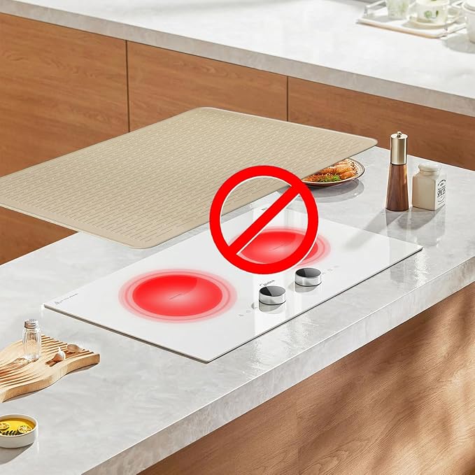 Stove Top Cover for Electric Stove - Food Grade Ceramic Stove top Cover, Silicone XXL Dish Drying Mat, Glass Cooktop Covers, Flat RV Range top Mats (Taupe,28x20)