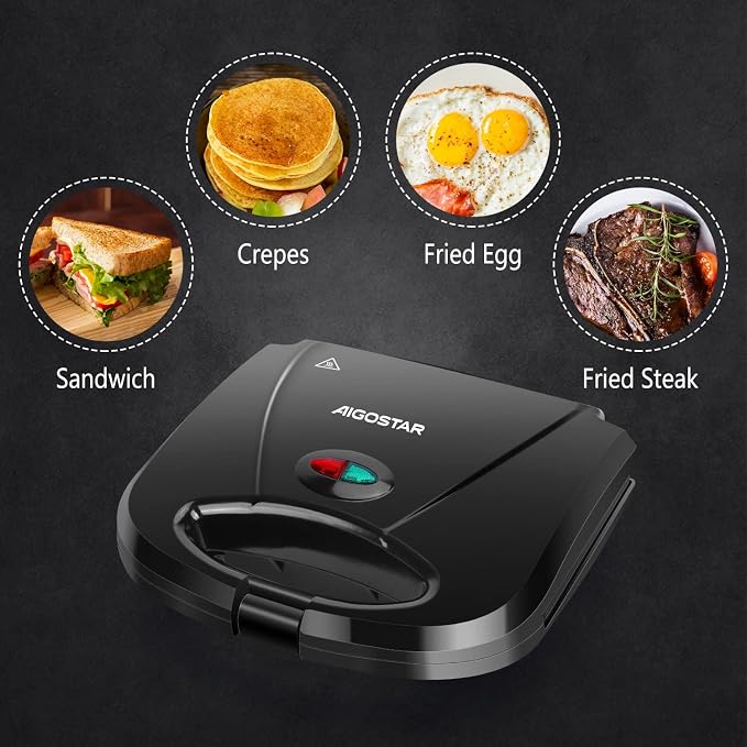 Aigostar Sandwich Maker with Non-stick Deep Grid Surface, Black | Compact Electric Grill for Egg, Ham, Steaks, Tostadora de Pan Black, ETL Certificated