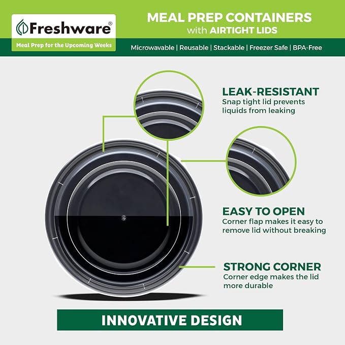 Freshware Meal Prep Containers with lids [150 Pack] Food Storage Containers, Bento Box, BPA-Free, Stackable, Microwave, Dishwasher, Freezer Safe, 32 Oz, Black