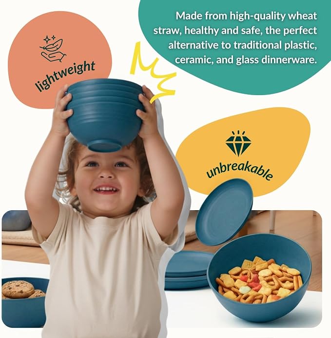 Wheat Straw Dinnerware Sets for 8, 40 Pcs Unbreakable Plates and Bowls Sets, Microwave Dishwasher Safe Dish Set, Reusable Plastic Dishes for Kitchen, Camping, Deep Plates for Salad (Blue)