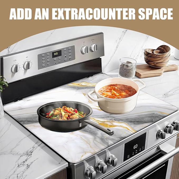 White Marble Stove Top Covers for Electric Stove, Electric Gas Stove Pad Heat Resistant Range Cooktop Protector for Home Decor Kitchen 28"x20"