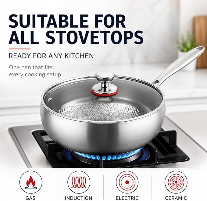 Titanium Hammered Pan with Lid, Thickened Multi-Layer Stock Pot, Titanium Wok Pan, Scratch-Resistant Non Stick Titanium Frying Pans, Even Heating for Cooking,11.02in