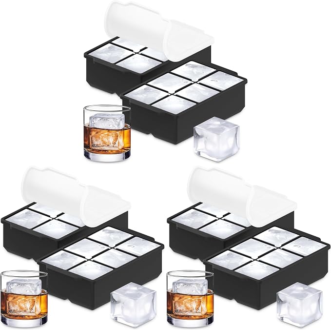 KitchFort® Large Silicone Ice Cube Tray (6-Pack), Easy Release 2" Big Ice Cubes - Cocktail, Whiskey Ice Cubes Mold - Ice Trays for Freezer with Lid - Stackable Silicone Ice Tray - Black