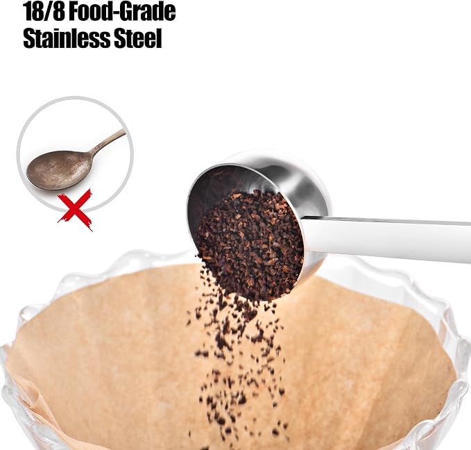 Doosu Metal 6.9in Long Handle Coffee Scoop for Ground Coffee (1 & 2 Tbsp) | Food-Grade 18/8 Stainless Steel Measuring Spoon, Tablespoon Scooper for Coffee Beans, Espresso, Protein Powders, Tea, Sugar