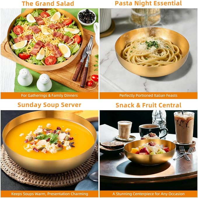 CALLARON 9.4" Stainless Steel Mixing Bowls - 75oz Gold Serving Bowl, Large Metal Decorative Bowl for Salad, Soup, Pasta, Snack, Cooking, Baking, Dishwasher Safe