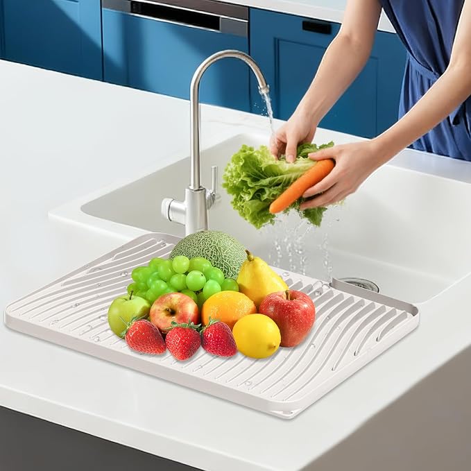 Silicone Dish Drying Mat for Kitchen counter | 15.8"x13" Dish Drainer Mat,Heat-Resistant Kitchen Counter Mat & Over-Sink Drying Tray,Can Be Hung, Cream