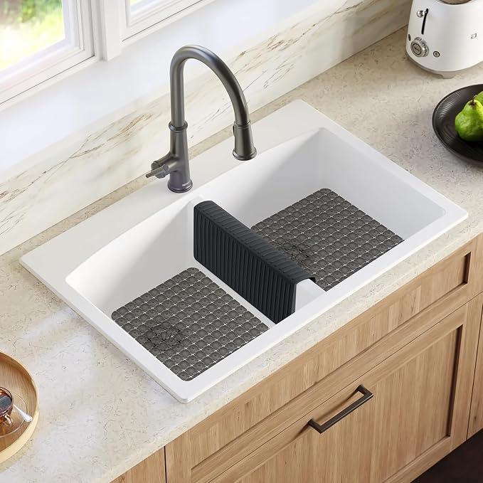 Bligli Silicone Sink Saddle, Large and Durable Sink Divider Mat with No Suction Cups, Kitchen Divided Sink Protector Mat for Glassware Dishes, Easy to Clean and No Smell, 11.8" x 12.4" (Black)