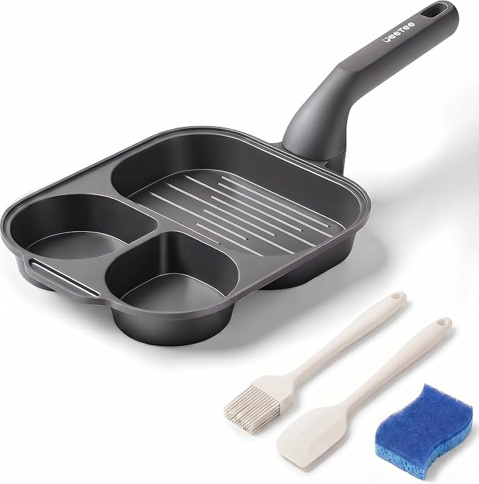 JEETEE Divided Egg Pan&Frying Pan, 3-in-1 Nonstick Omelete Pan, Breakfast Skillet for Eggs, Bacon & Pancakes, Titanium-Enhanced Nonstick Coating, PFOA/PFOS/PTFE Free, Induction Compatible Cookware