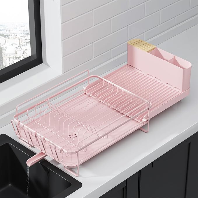 Kitsure Extendable Dish Drying Rack, 19.2"-26.7" L x 12.9" W, Pink | Large Dish Rack, Multifunctional Dish Rack for Kitchen Counter, Anti-Rust Dish Drainers with Cutlery & Cup Holders