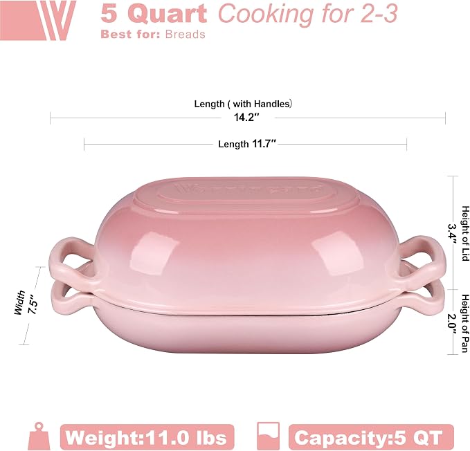 VORRINGARD Enameled Cast Iron Sourdough Bread Oven, Dutch Oven, Loaf Cast Iron Bread Pan for Homemade Bread Baking, Meatloaf Pan with Lid, 5QT, Pink