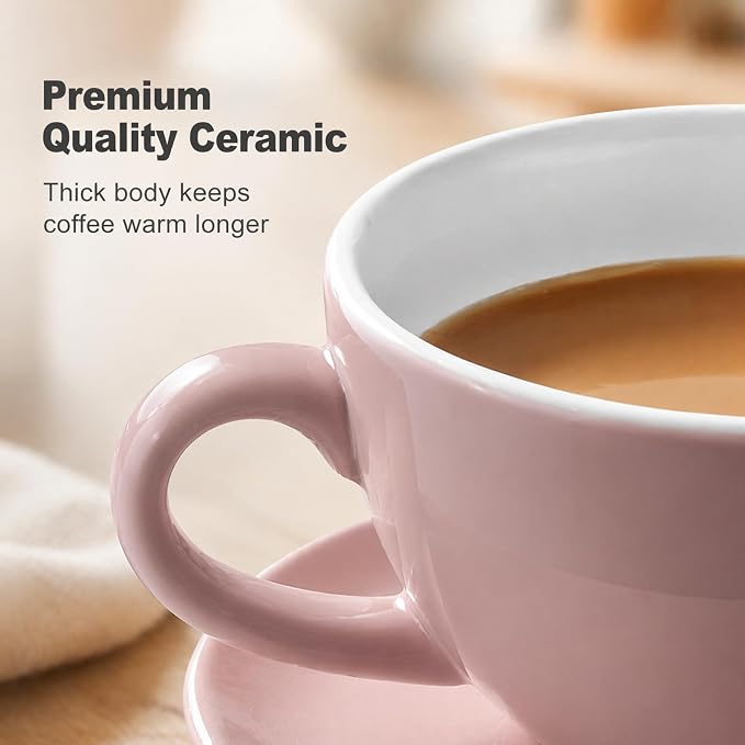 DeeCoo 11 oz Pink White Cappuccino Mug- Large Ceramic Coffee Cup with Saucer - Microwave and Dishwasher Safe, Perfect For Tea, Espresso, Latte - Porcelain Set for Kitchen or Cafe, Baristas, Great Gift