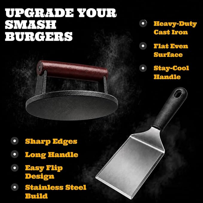 IAN's Smash Burger Press Kit - Cast Iron Burger Press (6.5 in), Smash Burger Spatula, Patty Pakers & Seasoning Shaker - Griddle, Flat Grill, Hibachi Accessories - Gifts for Dad