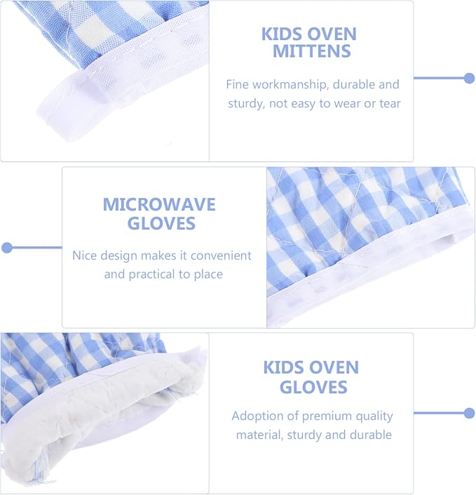 2Pcs Kids Oven Mitts for Children Play Kitchen, Anti- Scald Gloves Microwave Oven Gloves Kitchen Mitts for Kids Toddler Safe Baking Cooking (Light Blue Checkered)