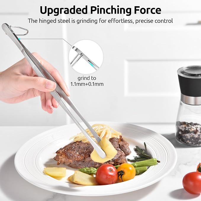 U-Taste Kitchen Cooking Tweezers, 18/8 Stainless Steel Tongs Set of 2, 10in | Food-Grade Metal Food Tongs Set, Seamless-Welding, Long Professional Chef Tweezer for Plating Serving Grilling Frying Feeding