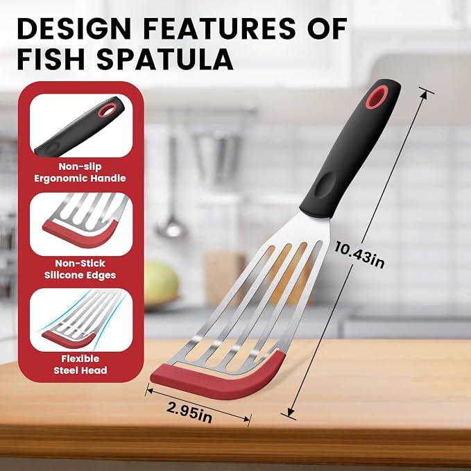 Silicone Fish Spatula, Heat Resistant Silicone Edge for Nonstick Cookware, Fish Turner for Kitchen Use, Flexible and Thin Stainless Steel Cooking utensils, Perfect Slotted Spatula for Egg, Pancake