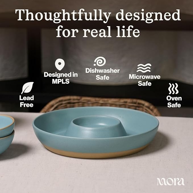 Mora Ceramic Chips and Dip Serving Tray: Large Divided Party Bowl Set for Chips & Salsa, Veggies & Dip, Fruit, Snacks, Entertaining, Hosting, etc. Minimalist Design for the Modern Hostess - Dawn