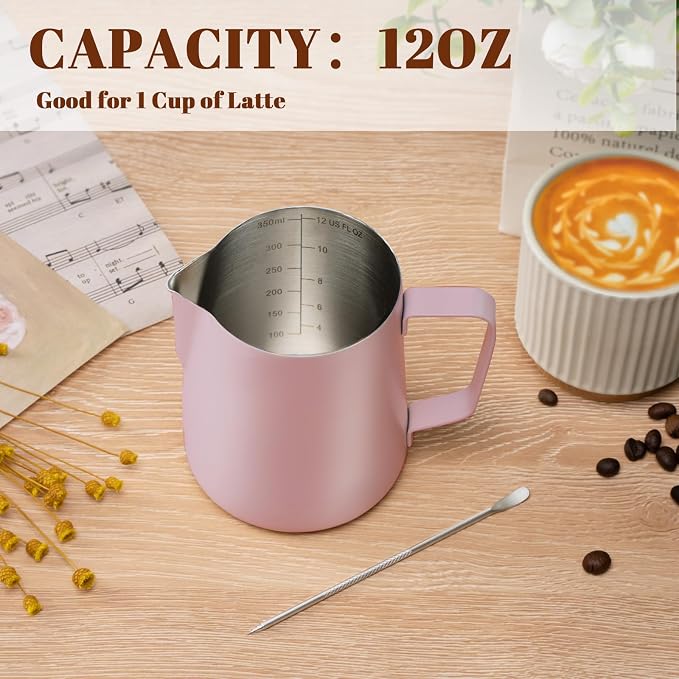 Amrules Milk Frothing Pitcher 12oz Frother Cup Barista Tools, Pink | 18/8 Stainless Steel, 12oz Capacity with Clear Scale, with Decorating Pen, Ergonomic Handle, for Cappuccino, Latte & Espresso